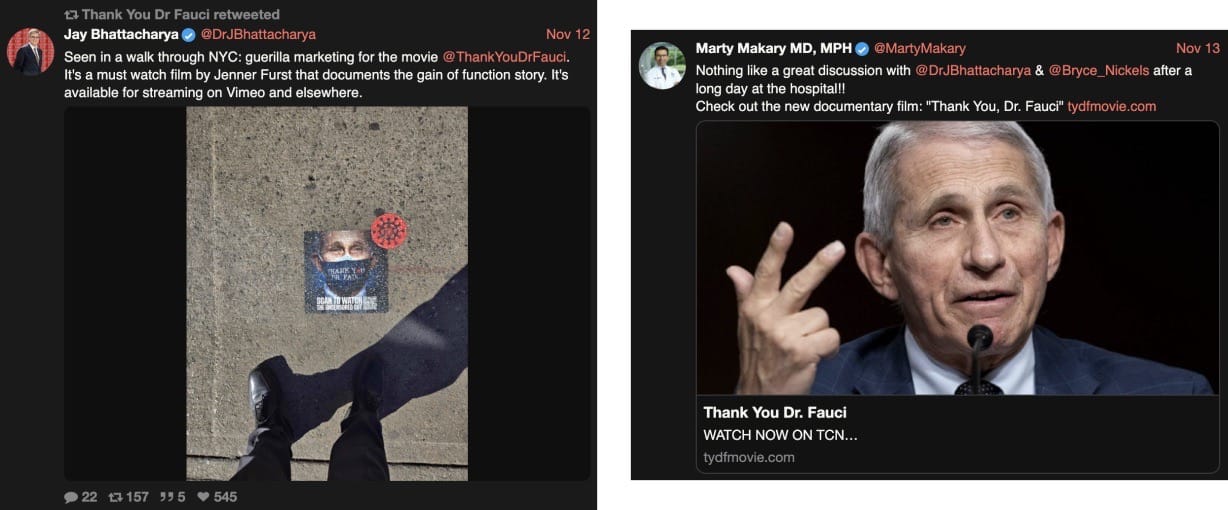 Screenshots from Twitter/X. Dr. Jay Bhattacharya and Dr. Marty Makary recommend that their social media audiences watch Thank You Dr. Fauci.