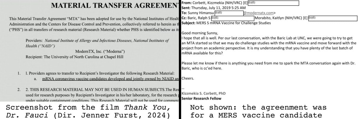 Screenshot from Thank You Dr. Fauci implying that there was a conspiracy in the USA in December 2019 to profit off of COVID-19 vaccines. Shown together with an image from the same document showing that this is false.