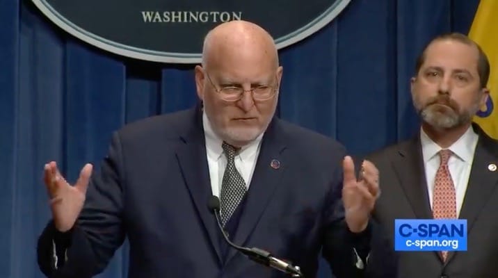 Screenshot from c-span.org of a 28-January-2020 press conference in which Robert Redfield said he assumes SARS-CoV-2 entered the human population from bats via an intermediate host species.