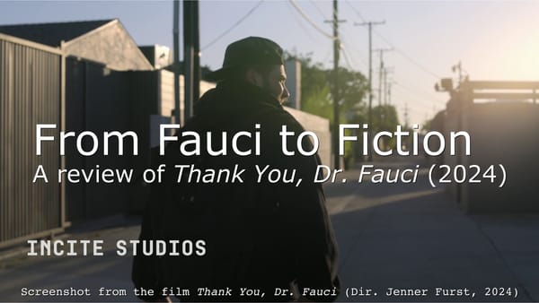 Screenshot from Thank You Dr. Fauci: Director Jenner Furst walks outside in the opening scene.